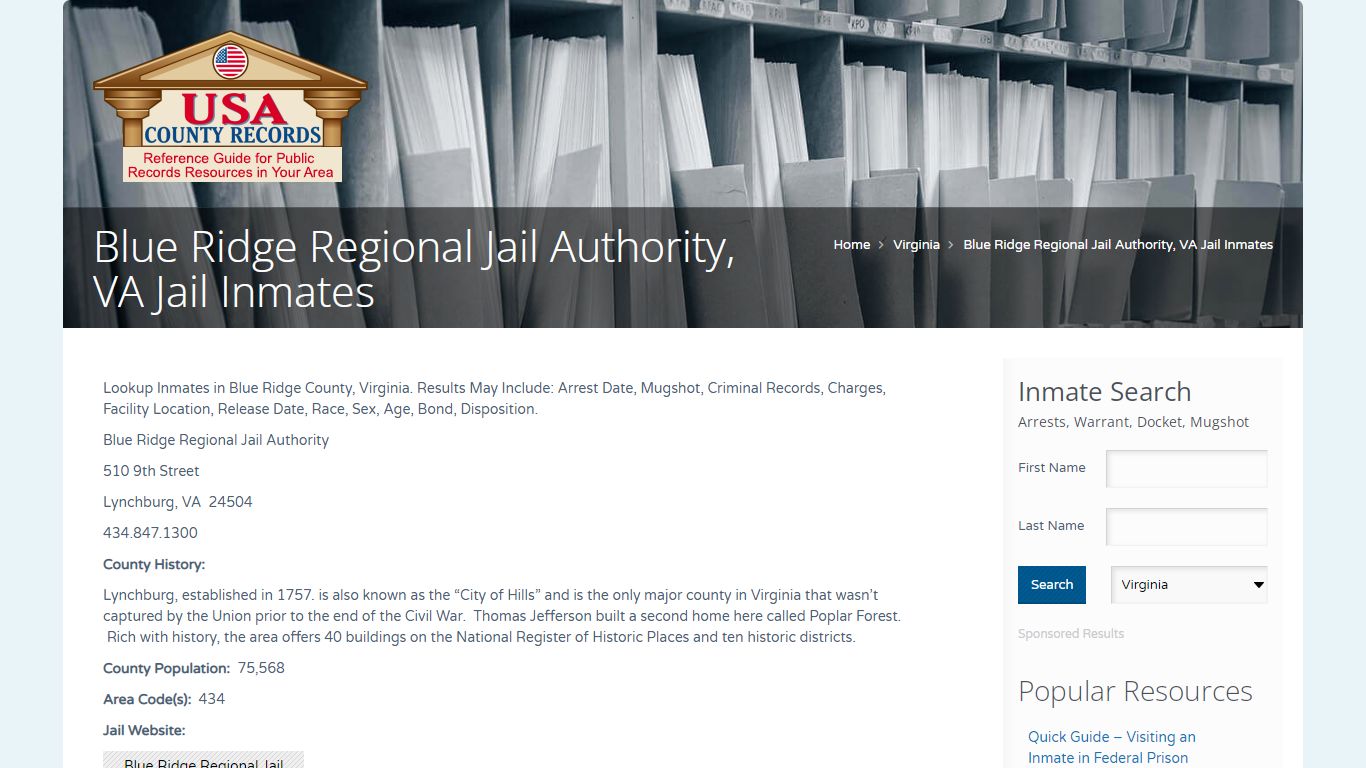 Blue Ridge Regional Jail Authority, VA Jail Inmates